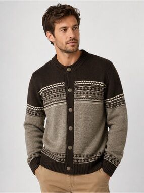 Stapf Austria Wool Cardigan Fair Isle Nordic Alpine Grandpa Sweater Brown L